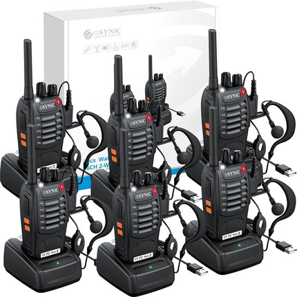 eSynic Walkie Talkie License-Free PMR446 16 Channels Two-Way Radio Rechargeable VOX Radio PMR 0.5W Radio Reception 16 Channels Walkie Talkie With USB Charging Station and Headset (6 pieces)