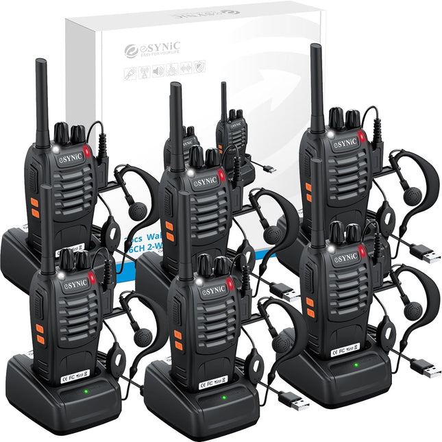 eSynic Walkie Talkie License-Free PMR446 16 Channels Two-Way Radio Rechargeable VOX Radio PMR 0.5W Radio Reception 16 Channels Walkie Talkie With USB Charging Station and Headset (6 pieces)