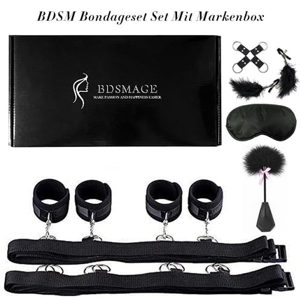 BDSMAGE BDSM set with 7 pieces, SM bed sets, feather whip and eye mask, restraints handcuffs ankle cuffs feathers nipple clamps fetish sex toy extreme bondage set for attachment to the bed for couples