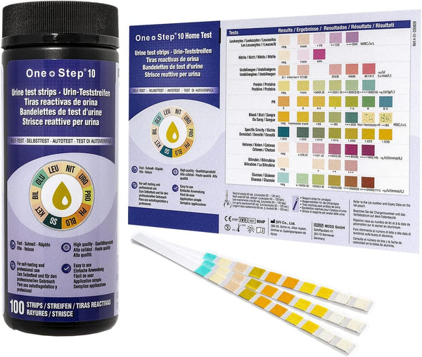 100 One+Step urine test strips for 10 indicators I Health test with reference color card I Urine test for urinary tract infection I Urine analysis acids bases household