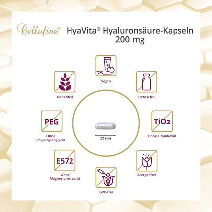 Cellufine® HyaVita Hyaluronic Acid 150 Capsules – high-dose, high-molecular, gluten-free, vegan – 150 gluten-free capsules with HyaVita Hyaluronic Acid | natural &amp; without preservatives
