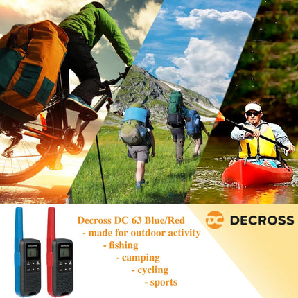 DC DECROSS 63 Walkie Talkie for Kids and Adults, 2-Pack Walkie Talkies up to 8 km, PMR446 16 Channels, VOX, Flashlight, IPX4, Gift for Boys and Girls Ages 5, 6, 7, 8, Hiking, Camping, Rechargeable Battery (Blue)