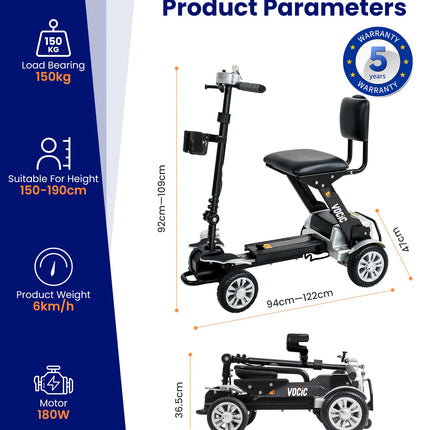 VOCIC D71 Folding Electric Mobility Scooter for Seniors - 21KG, 20KM Carbon Fiber Electric Mobility Scooter with Length-Adjustable Frame up to 150KG, Aircraft Certification, 5-Year Warranty (Silver)