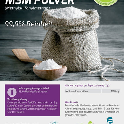 Vita2You MSM Powder 1000g - (Methylsulfonylmethane) 99.9% Purity - Mesh Factor 40-80 - 1kg Organic Sulfur - Premium Quality