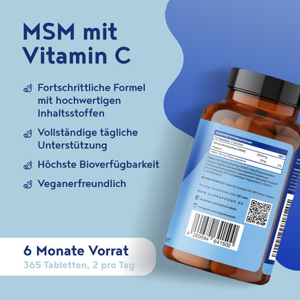 MSM 2000mg with Vitamin C - 365 Tablets with Methylsulfonylmethane - More compact MSM powder than capsules - High-dose and vegan - Alpha Foods