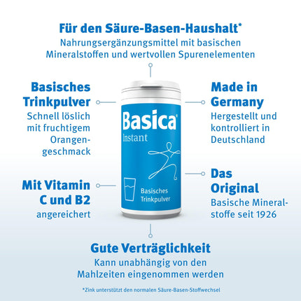 Basica® Instant Base Powder with a fruity orange flavor for dissolving in water | for a normal acid-base balance | vegan | lactose-free | various alkaline minerals | 300 grams