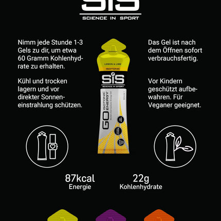 Science in Sport GO High Carb Isotonic Energy Gel 20 x 60ml Vegan - Isotonic formula with 22g carbohydrates, good energy source, optimal alternative to isotonic drinks