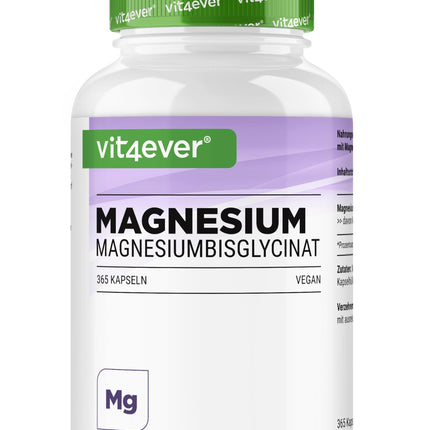 Magnesium Bisglycinate - 365 Capsules - Premium: Chelated Magnesium - 155 mg elemental magnesium per capsule - Laboratory tested - Vegan - High dosage