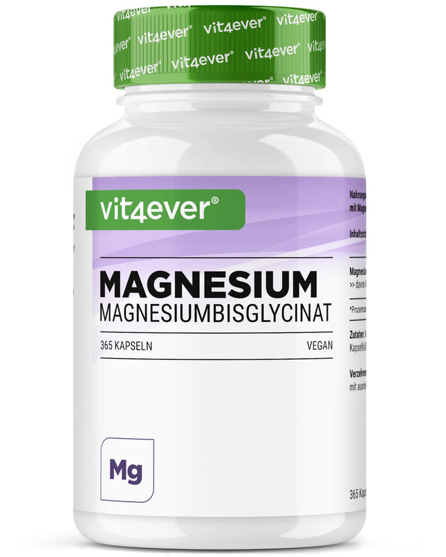 Magnesium Bisglycinate - 365 Capsules - Premium: Chelated Magnesium - 155 mg elemental magnesium per capsule - Laboratory tested - Vegan - High dosage