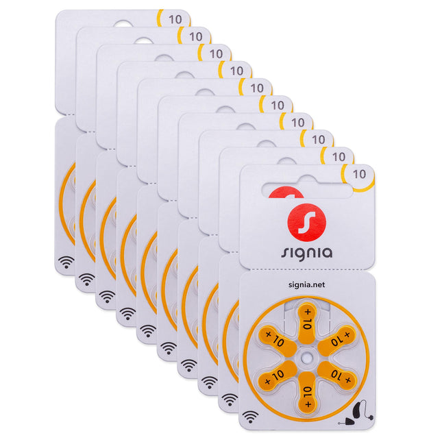Siemens-Signia hearing aid batteries type 10 yellow, batteries for hearing aids, 60-pack, Made in Germany, including FREE cleaning cloth, Wireless Approved, mercury-free
