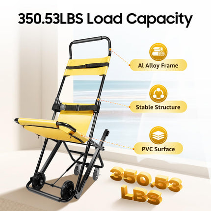 Manual Stairlift Chair, Portable Folding Stair Chair, Adjustable Folding Evacuation Chair with 4 Wheels, Load Capacity 350.53 lbs, Aluminum Stairlift Chair for Elderly, Yellow