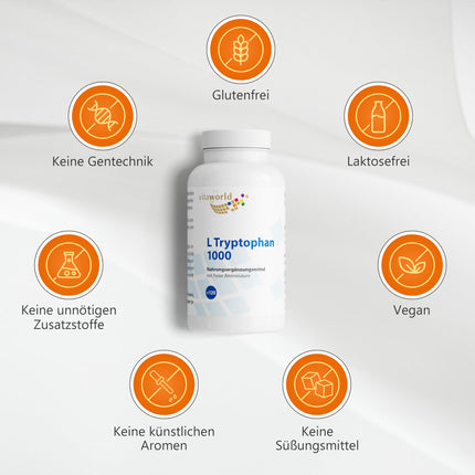 L-Tryptophan - High-dose L-Tryptophan 1000mg per tablet (120 vegan tablets) - Amino acid from plant fermentation - no unwanted additives, gluten-free and lactose-free - vitaworld