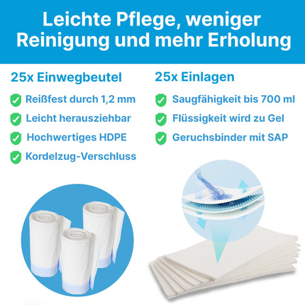 Wohlmed 50-piece set of leak-proof toilet bags and absorbent pads, including 50 pairs of gloves, tear-resistant and leak-proof, hygienic and odor-binding, ideal for bedpans, commodes, and camping
