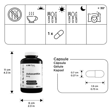 Astaxanthin 8 mg. 180 vegan capsules for a 6-month course. Made with 160 mg of the natural algae Haematococcus Pluvialis with 5% astaxanthin, providing 8 mg of pure astaxanthin. From Hivital