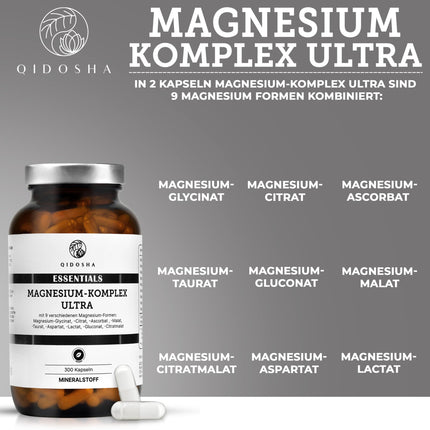 QIDOSHA® Magnesium Complex high-dose, 300 capsules in a pharmacist's glass, 9 Mg forms with complementary active ingredients as a full-spectrum Mg, 300mg elemental magnesium/daily serving