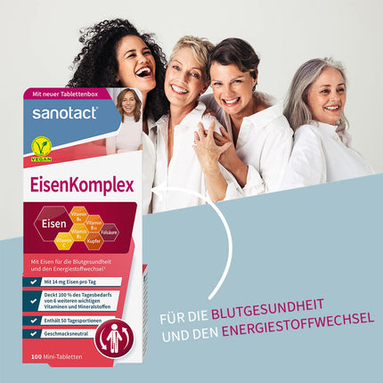 sanotact Iron Complex (100 mini-tablets) • Highly dosed with 14mg iron, copper, folic acid, vitamins C, B2, B6, B12 • Immediate effect for iron deficiency • Iron for blood formation • 100% vegan