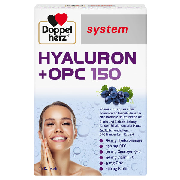 Doppelherz system HYALURON + OPC 150 - With 50 mg hyaluronic acid &amp; 150 mg OPC from grape seed extract &amp; with vitamin C - 30 capsules
