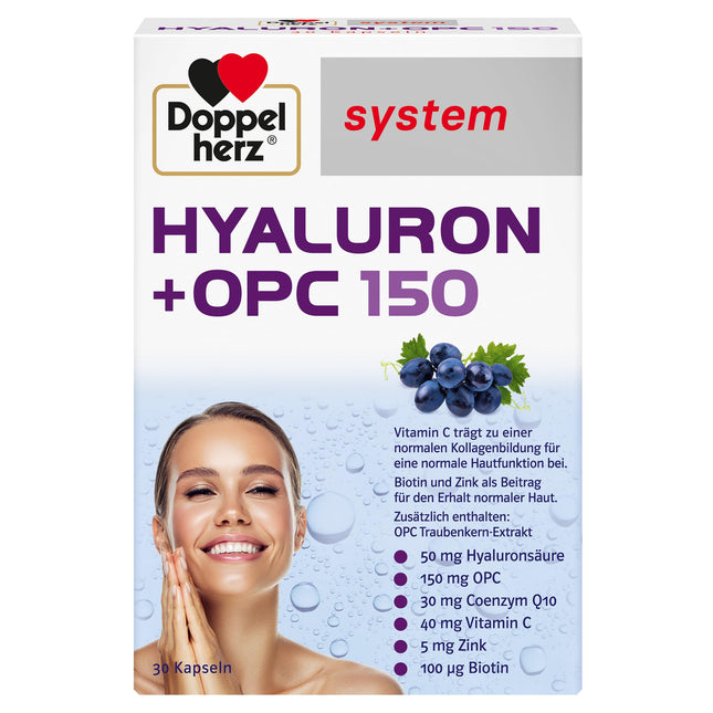 Doppelherz system HYALURON + OPC 150 - With 50 mg hyaluronic acid &amp; 150 mg OPC from grape seed extract &amp; with vitamin C - 30 capsules