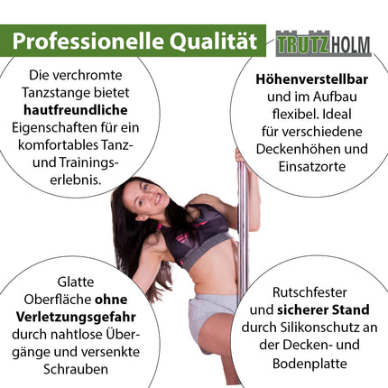 TRUTZHOLM Pole Dance Professional in black or chrome approx. 231-274 cm Ø 45 mm Static &amp; Spinning without drilling Fitness (silver)