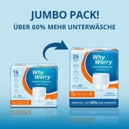 WhyWorry Incontinence Pants for Men and Women, Incontinence Briefs for Women and Men, Adult Disposable Diaper Pants, Overnight Leakage Protection, Odor Protection, Unisex, Size L, 26 Pack