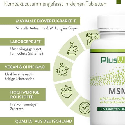 PlusVive MSM tablets high dose | 1 x 365 tablets | 1000mg MSM with 99.8% purity per tablet | MSM capsules with papain &amp; spirulina | Dietary supplement vegan &amp; laboratory-tested