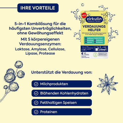 Zirkulin Digestive Aid 1x 45 Tablets – 5 in 1 Multi-Enzyme Complex with 7,500 FCC Lactase – Supports Digestion &amp; Carefree Enjoyment – ​​Dietary Supplement with Lactase, Cellulase &amp; Calcium