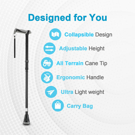 All Terrain Walking Stick - Foldable for Seniors &amp; Adults, Swivel Tip and Heavy-Duty Mobility Aid, Collapsible for Men &amp; Women (Black)