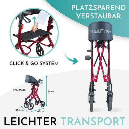 Mobility Plus+ Design Rollator DR10+ Red - Indoor &amp; Outdoor, slim &amp; foldable - Height-adjustable walking aid for seniors with back strap &amp; bag - Internal brake cables without annoying cables