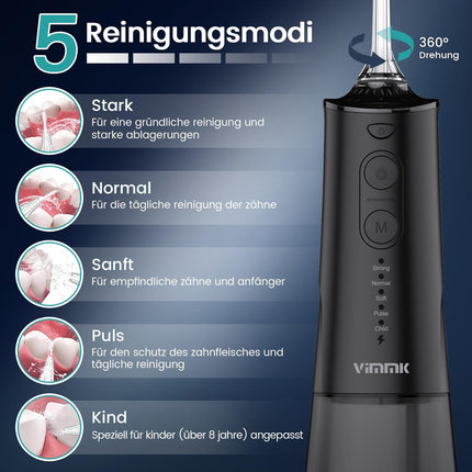 Oral Irrigator Cordless Electric Tooth Cleaner, Vimmk Dental Irrigator Water Flosser 5 Modes &amp; 8 Nozzles USB-C Rechargeable Water Flosser IPX7 Waterproof, 300ML Water Tank Mouth Cleaner (Black)
