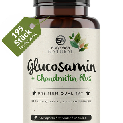 Surpresa Natural Glucosamine Chondroitin Capsules High Dose I 1 x 195 Capsules I 1500 mg Glucosamine &amp; 1200 mg Chondroitin per daily dose I Dietary supplement without additives &amp; laboratory tested