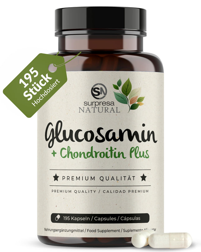 Surpresa Natural Glucosamine Chondroitin Capsules High Dose I 1 x 195 Capsules I 1500 mg Glucosamine &amp; 1200 mg Chondroitin per daily dose I Dietary supplement without additives &amp; laboratory tested