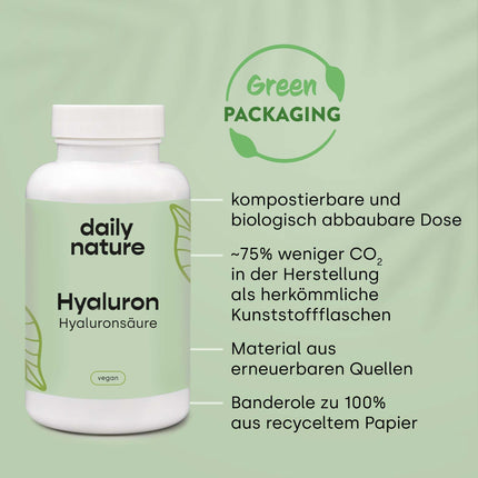 dailynature Hyaluronic Acid 90 Capsules | 1,100 kDa | Highly dosed with 500 mg sodium hyaluronate per capsule | Vegan | No unwanted additives | Gluten-free | Lactose-free