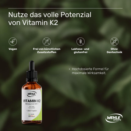 Vitamin K2 MK7 200µg 1850 drops 50ml - Premium: 99% All-Trans Menaquinone - Laboratory tested, vegan, high dosage, and made in Germany.