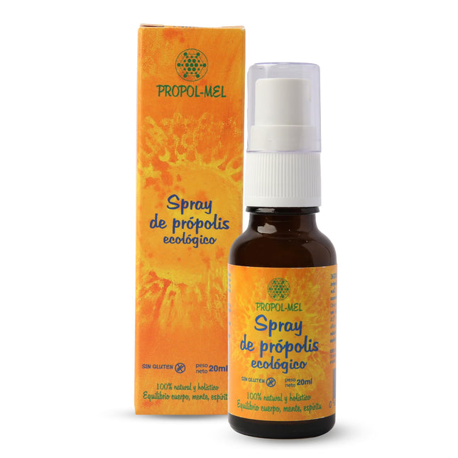 Organic Propolis Spray - 20 ml. Contributes to the well-being of the mouth and throat. Contains propolis, honey, rosemary, eucalyptus, and lemon.