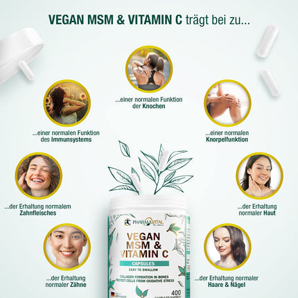 Pharmavital Vegan MSM &amp; Vitamin C Capsules from Germany (400 capsules) high dose with 1000mg methylsulfonylmethane per capsule