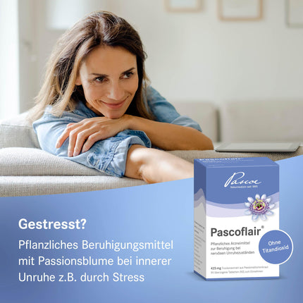 Pascoflair: 90 tablets - herbal sedative - for nervous restlessness, e.g., due to stress - 425 mg concentrated extract per tablet corresponds to 4250-6375 mg passionflower (daily dose)