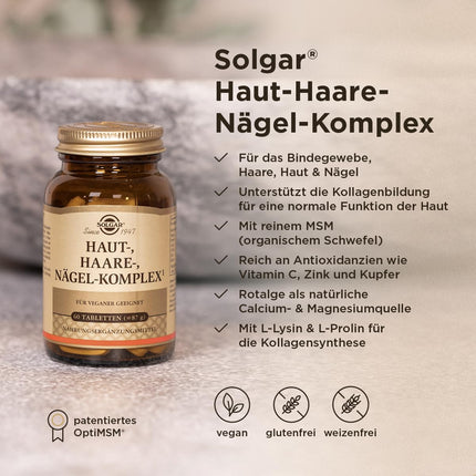 SOLGAR® Skin, Hair, and Nails Complex | with MSM, red algae, vitamin C, lysine, proline, zinc, and copper for hair, skin, and nails | Unique formula with patented OptiMSM® | 60 tablets