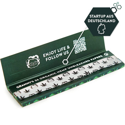 6x Granny's® new Organic Slim Long Papers made from hemp | 108x45mm | 36 sheets unbleached | King Size | organic hemp