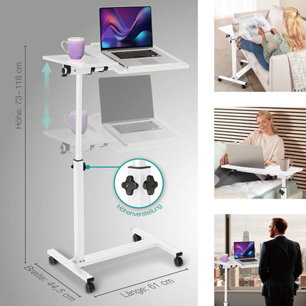 ELONEO maxVitalis mobile overbed table on casters, height-adjustable/width-adjustable standing table, tiltable/foldable tabletop, bedside table for hospital bed, nursing bed, laptop table (white)