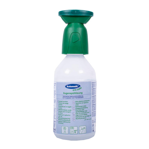 ACTIOMEDIC Eyewash with 0.9% sodium chloride solution | Sterile eye cleaner for work | Eyewash bottle with saline solution | First aid with ergonomic rinse head &amp; cap | 250 ml