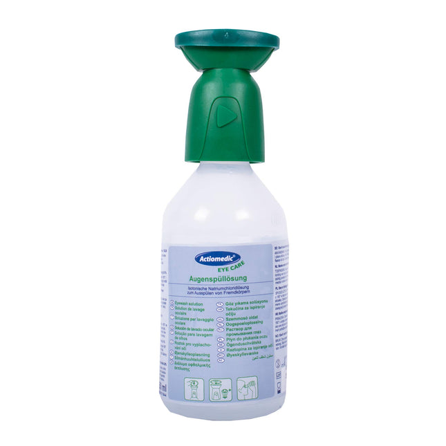 ACTIOMEDIC Eyewash with 0.9% sodium chloride solution | Sterile eye cleaner for work | Eyewash bottle with saline solution | First aid with ergonomic rinse head &amp; cap | 250 ml