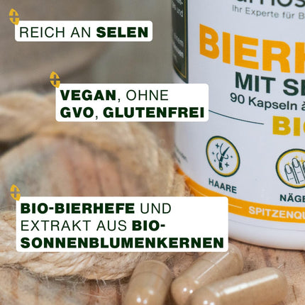 Organic Brewer's Yeast | Hair and Nails | Live Yeast, 1200 mg / day, Gluten-free | Enriched with Selenium | 90 Vegan Capsules | Top Quality