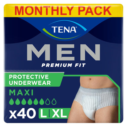TENA MEN Active fit Pants Plus - 40 pieces in a monthly pack (4 x 10) - Disposable pants for men - for moderate to heavy urine loss - Size L