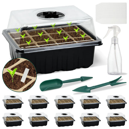 Ulikey 10 Pack Indoor Greenhouse Propagator, 120 Hole Mini Greenhouse Propagator with 20 Plant Labels and 2 Gardening Tools, Degradable Grow Pots with Lids, Ventilation for Seedling Plants (Black)