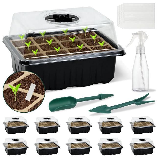 Ulikey 10 Pack Indoor Greenhouse Propagator, 120 Hole Mini Greenhouse Propagator with 20 Plant Labels and 2 Gardening Tools, Degradable Grow Pots with Lids, Ventilation for Seedling Plants (Black)