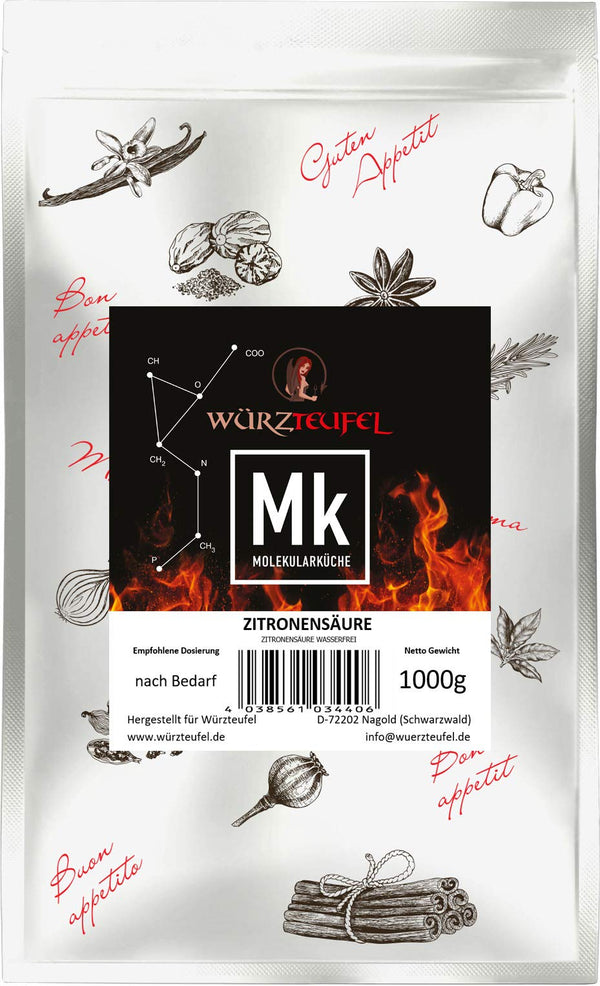 Citric acid, fine, natural citric acid. 1000g bag (1.0 kg)