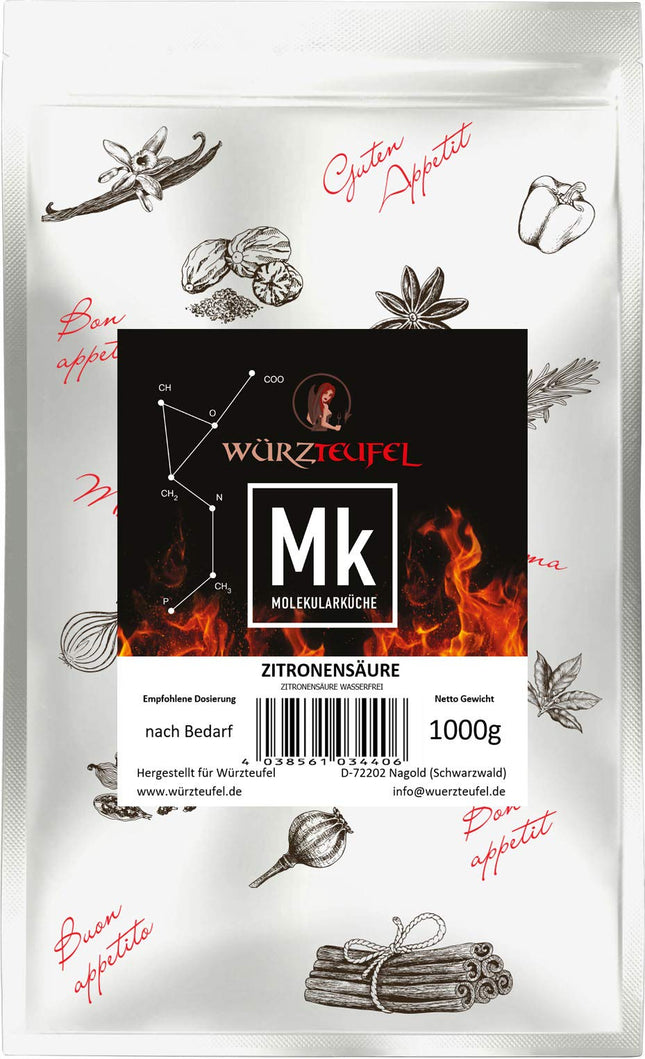 Citric acid, fine, natural citric acid. 1000g bag (1.0 kg)