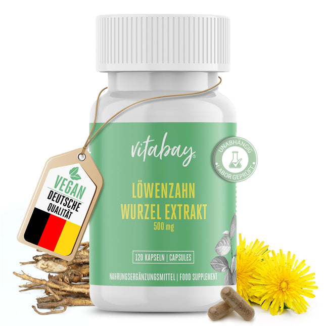 Vitabay Dandelion Root Extract 500mg - 120 Dandelion Capsules High Dose &amp; Vegan - Dandelion Extract Dandelion Extract Dandelions - Dandelion Root Capsules Dandelion Taraxacum Laboratory Tested