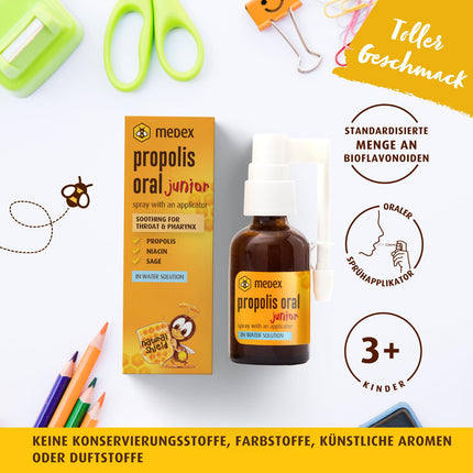 Medex Propolis Oral Junior, propolis spray, mouth and throat spray, water-based, alcohol-free; with added honey, sage, niacin, and spruce tips, with applicator, for children 3 years and older, 30 ml