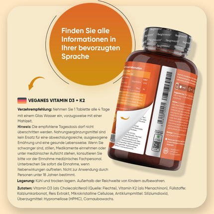 Vitamin D3 + K2 Vegan - 4000 IU per serving - 240 tablets with 125μg vitamin K2 menaquinone - 1 tablet/4 days - 98% all-trans K2 MK7 - Free from magnesium stearate - Sunshine vitamin from WeightWorld